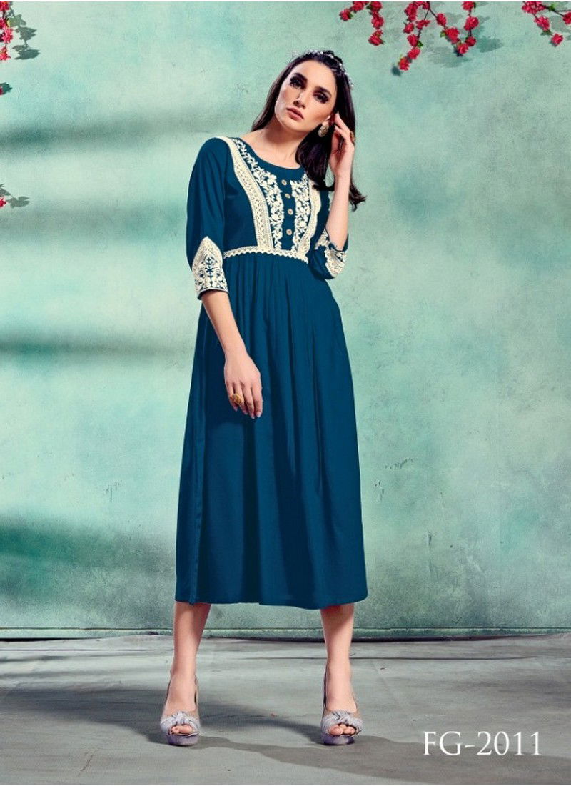 Blue Colour FG Rosebery Vol 1 Pure Rayon with Lucknowi Embroidery Work New Western Kurtis 2011